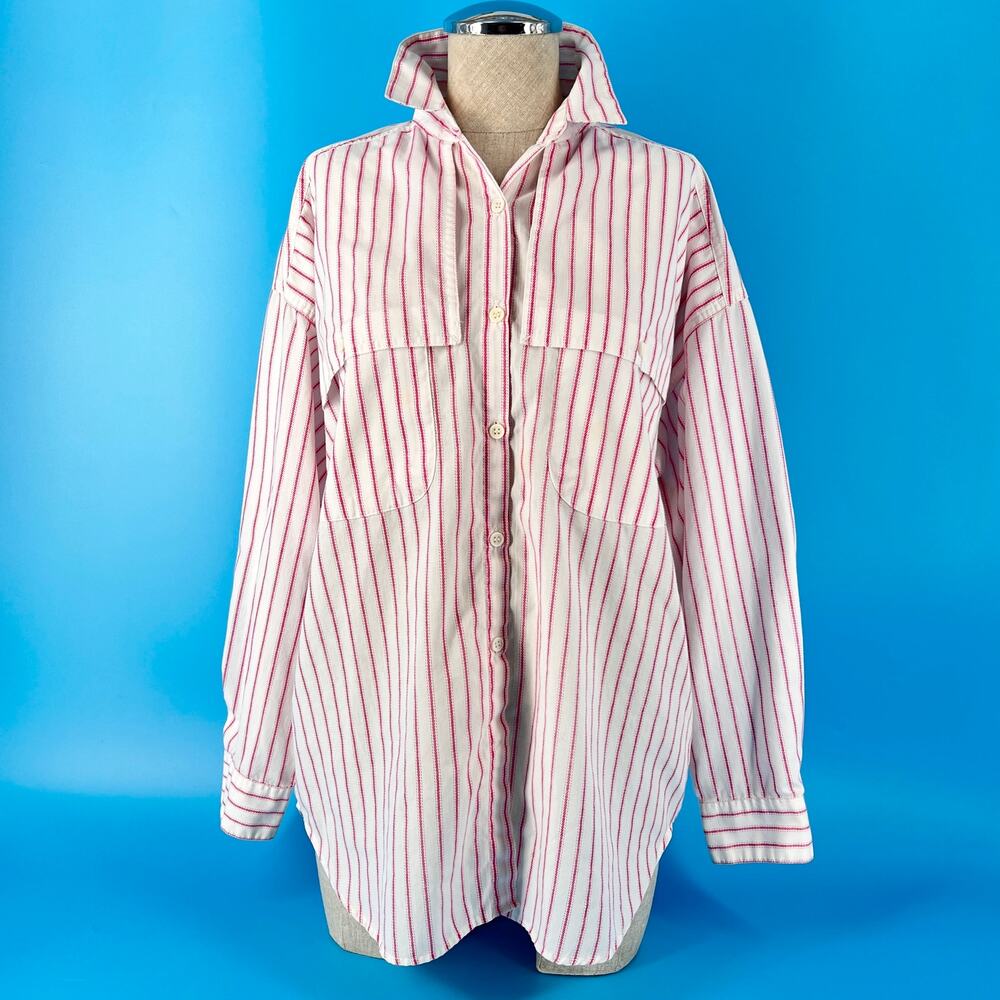 Vintage 80s Preppy Striped Shirt Hot Pink Stripe Button Up 1980s